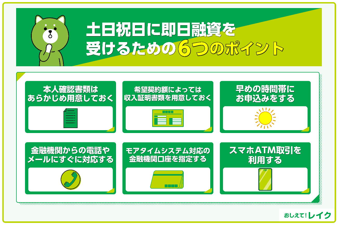 土日祝日に即日融資を受けるための6つのポイント